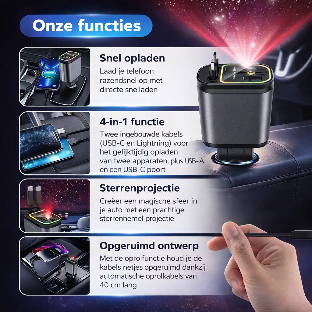 AutoCharge™ 120W | 4-in-1 Oplader, Super-Snel, RGB Sterrenhemel!