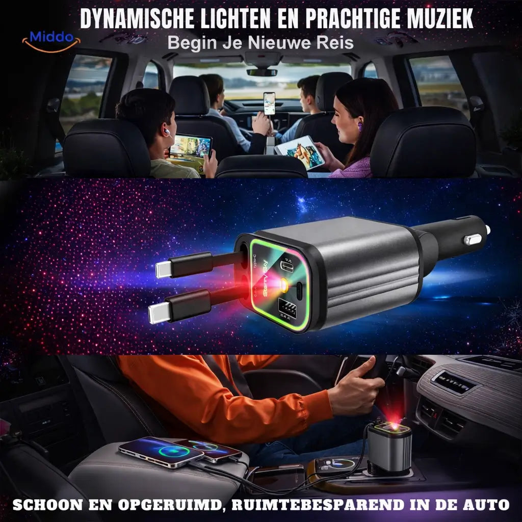 AutoCharge™ 120W | 4-in-1 Oplader, Super-Snel, RGB Sterrenhemel!