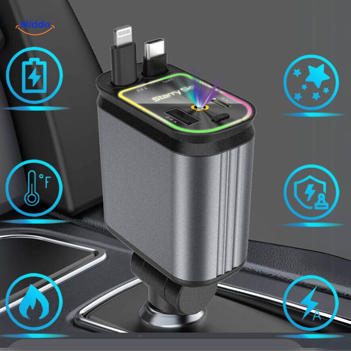 AutoCharge™ 120W | 4-in-1 Oplader, Super-Snel, RGB Sterrenhemel!